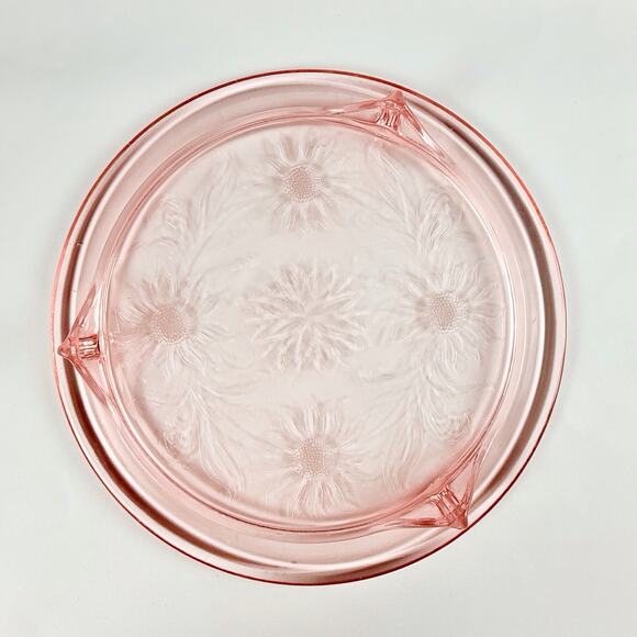 Vintage Jeanette Glass Pink Depression Glass Sunflower Footed Cake Plate - Picture 4 of 9